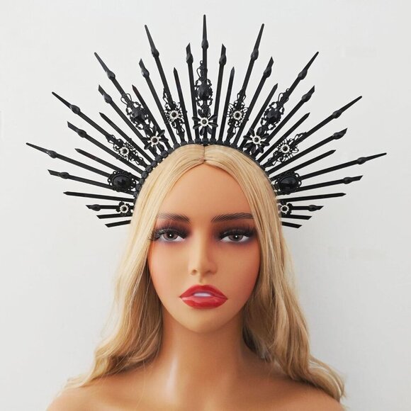Gothic Black Crystal Halo Crown Headpiece for Women Halloween Photoshoot main image 6